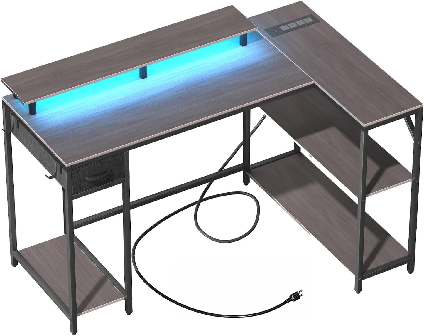 47 Inch L Shaped Gaming Desk with Drawers & Shelves, Reversible Computer Corner Desk with Power Outlet and LED Light for Home Office Bedroom, L-Shaped Teen PC Gaming Desks with Hook & Monitor Stand