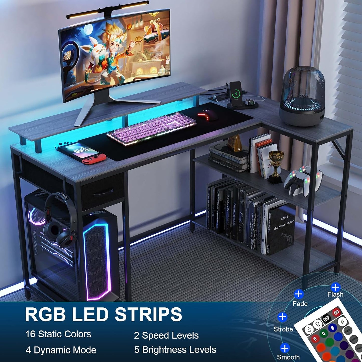 47 Inch L Shaped Desk Gaming Desk with LED Strip & Power Outlet, Reversible L-Shaped Computer Desk with Storage Shelf & Drawer, Corner Desk with Hook & Monitor Stands, Home Office Desk