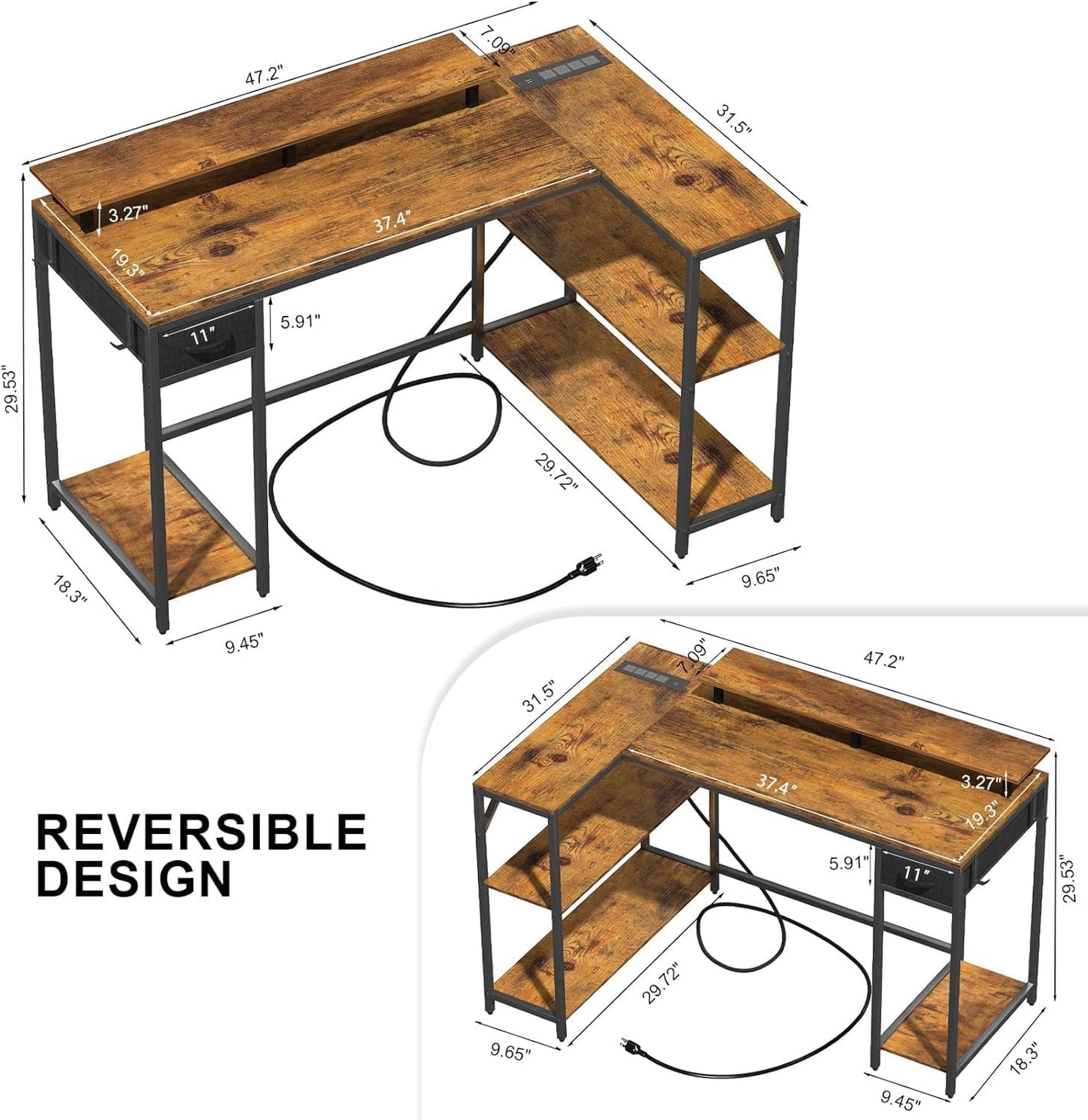 L Shaped Computer Desk with LED Light and Power Outlet, 47" Reversible L Shaped Desk with Monitor Stands and Drawers, Gaming Desk with Shelves and 2 Hooks for Home Office Bedroom