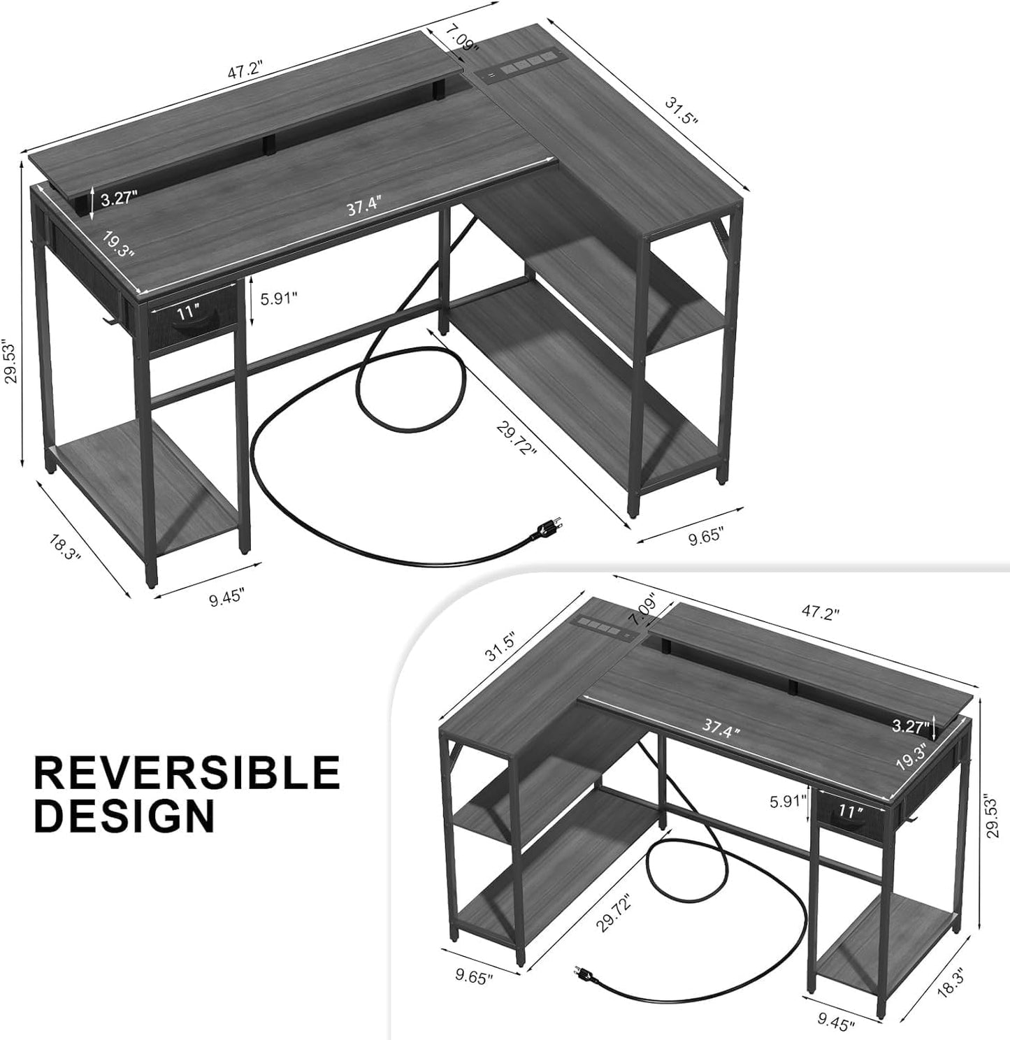 47 Inch L Shaped Desk Gaming Desk with LED Strip & Power Outlet, Reversible L-Shaped Computer Desk with Storage Shelf & Drawer, Corner Desk with Hook & Monitor Stands, Home Office Desk