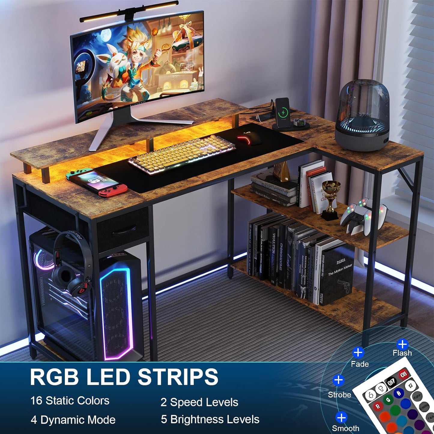 L Shaped Computer Desk with LED Light and Power Outlet, 47" Reversible L Shaped Desk with Monitor Stands and Drawers, Gaming Desk with Shelves and 2 Hooks for Home Office Bedroom