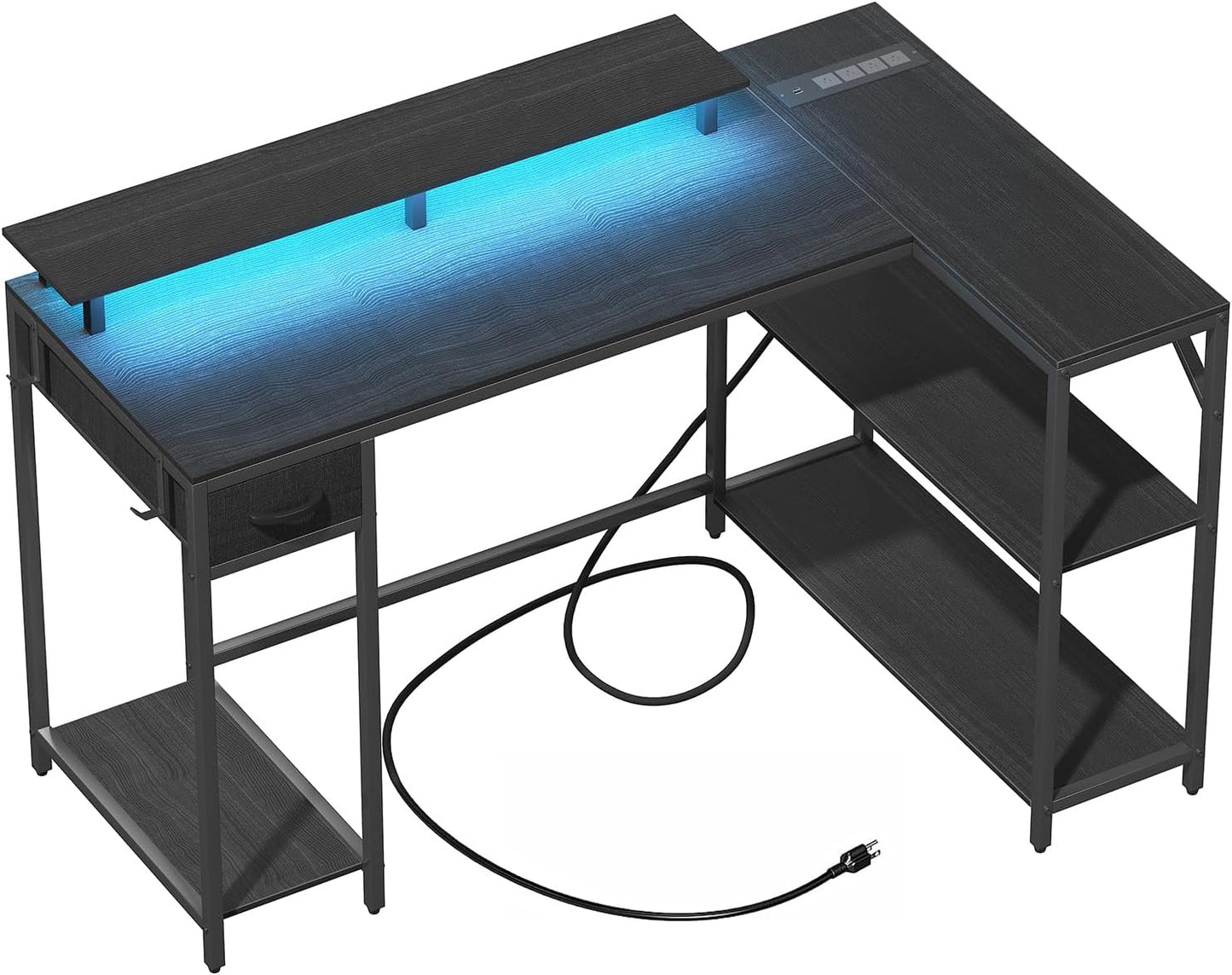 L Shaped Gaming Desk with Power Outlet & LED Light, 47 inch Reversible L Shaped Desk, Gaming Desk with Hook & Monitor Stand, Computer Desk with Drawer and Shelves for Home Office Bedroom