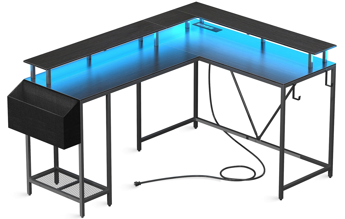 Eivanet L Shaped Gaming Desk with Power Outlets & LED Lights, Computer Desk with Monitor Stand & Storage Shelf, Home Office Desk Corner Desk with Hooks, Easy to Assemble, Black