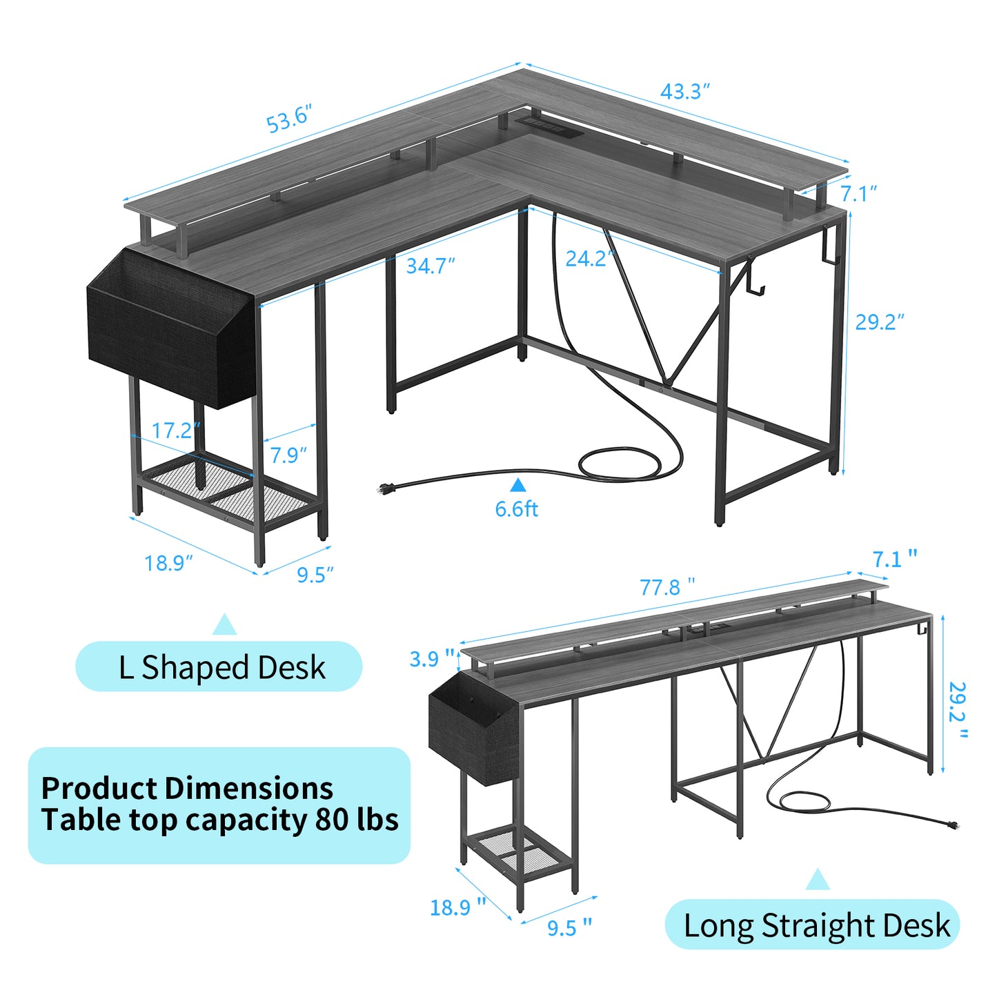 Eivanet L Shaped Gaming Desk with Power Outlets & LED Lights, Computer Desk with Monitor Stand & Storage Shelf, Home Office Desk Corner Desk with Hooks, Easy to Assemble, Grey