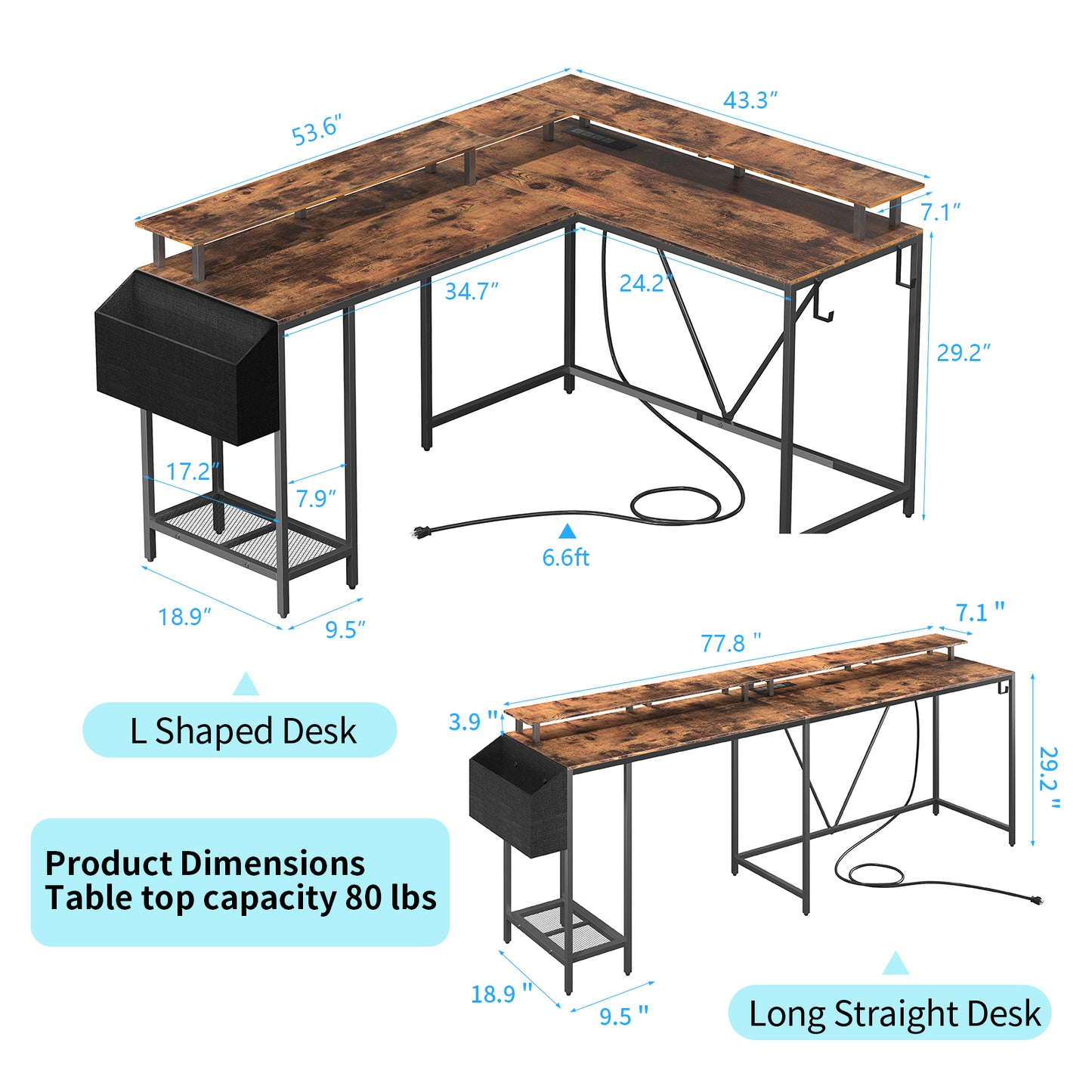 Eivanet L Shaped Gaming Desk with Power Outlets & LED Lights, Computer Desk with Monitor Stand & Storage Shelf, Home Office Desk Corner Desk with Hooks, Easy to Assemble, Rustic Brown