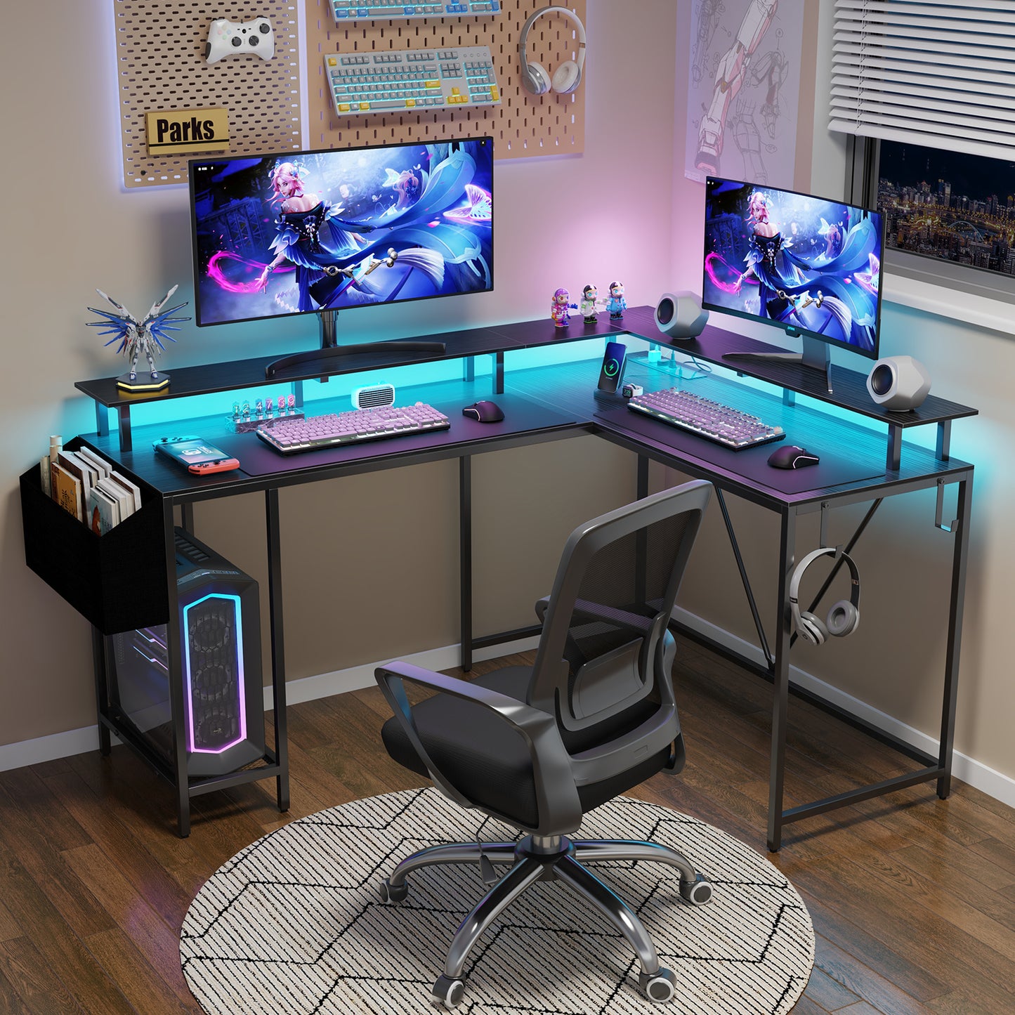 Eivanet L Shaped Gaming Desk with Power Outlets & LED Lights, Computer Desk with Monitor Stand & Storage Shelf, Home Office Desk Corner Desk with Hooks, Easy to Assemble, Black