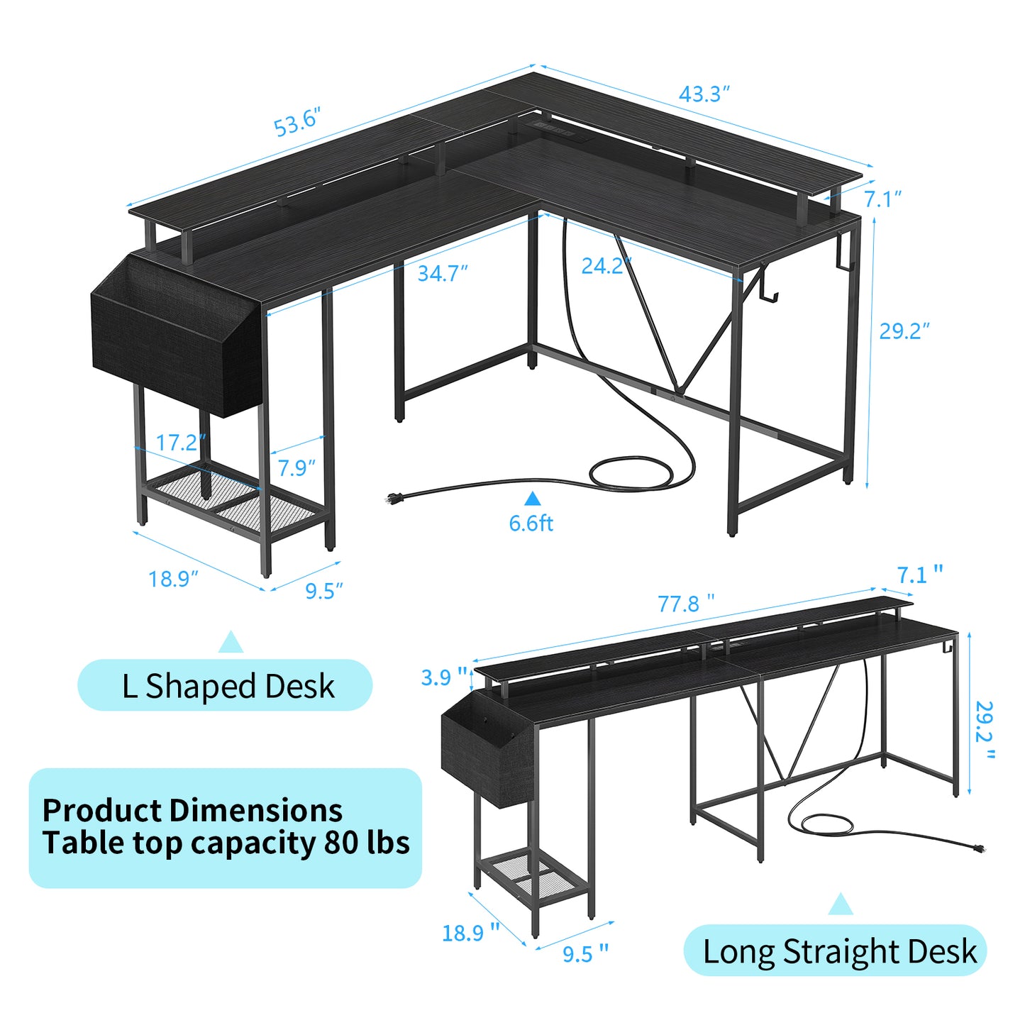 Eivanet L Shaped Gaming Desk with Power Outlets & LED Lights, Computer Desk with Monitor Stand & Storage Shelf, Home Office Desk Corner Desk with Hooks, Easy to Assemble, Black