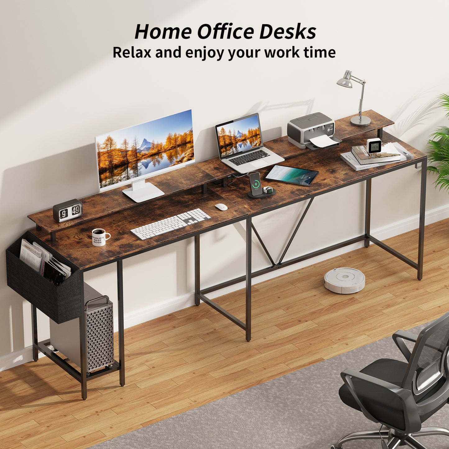 Eivanet L Shaped Gaming Desk with Power Outlets & LED Lights, Computer Desk with Monitor Stand & Storage Shelf, Home Office Desk Corner Desk with Hooks, Easy to Assemble, Rustic Brown