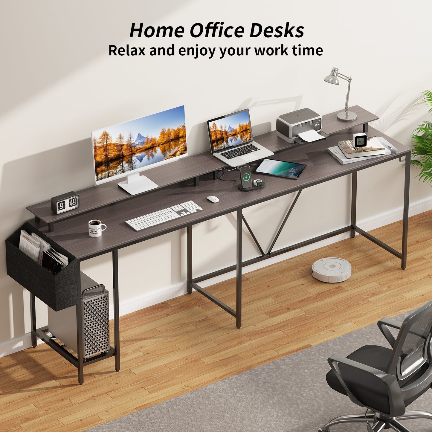 Eivanet L Shaped Gaming Desk with Power Outlets & LED Lights, Computer Desk with Monitor Stand & Storage Shelf, Home Office Desk Corner Desk with Hooks, Easy to Assemble, Grey Oak